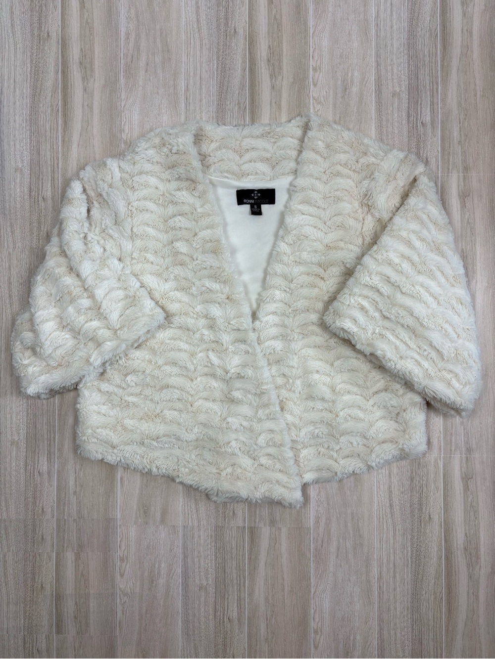 Ronni Nicole Cream Faux Fur Open-Front Teddy Jacket Small Mob Wife Soft Glam